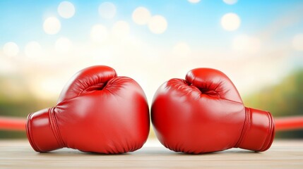 A pair of bright red boxing gloves on rustic wooden table, ready for sparring match