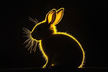 A stunning backlit silhouette of a rabbit, accentuating its delicate features with a luminous outline in a serene and mysterious setting against the darkness.