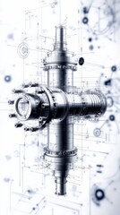 Mechanical turbine with blueprints on a white isolate background.