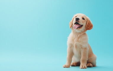 Golden retriever puppy sitting happily with tongue out against blue background, showcasing its playful and friendly nature