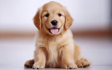 Golden retriever puppy sitting with tongue out, looking playful and adorable. This fluffy companion exudes joy and warmth, perfect for any pet lover