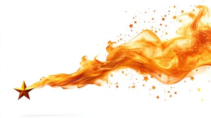 Orange flames and sparkles flowing from a star on a white isolated background.