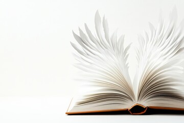 Fototapeta premium Open book with pages resembling feathers, white isolated background.