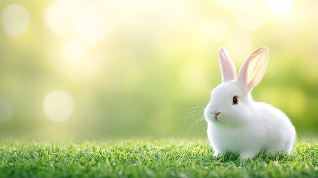 Adorable white rabbit relaxing in lush green grass, a serene nature portrait