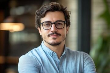 Obraz premium A portrait of a confident man wearing glasses, captured in natural light, exuding a genuine and approachable demeanor amidst a softly blurred indoor background setting.