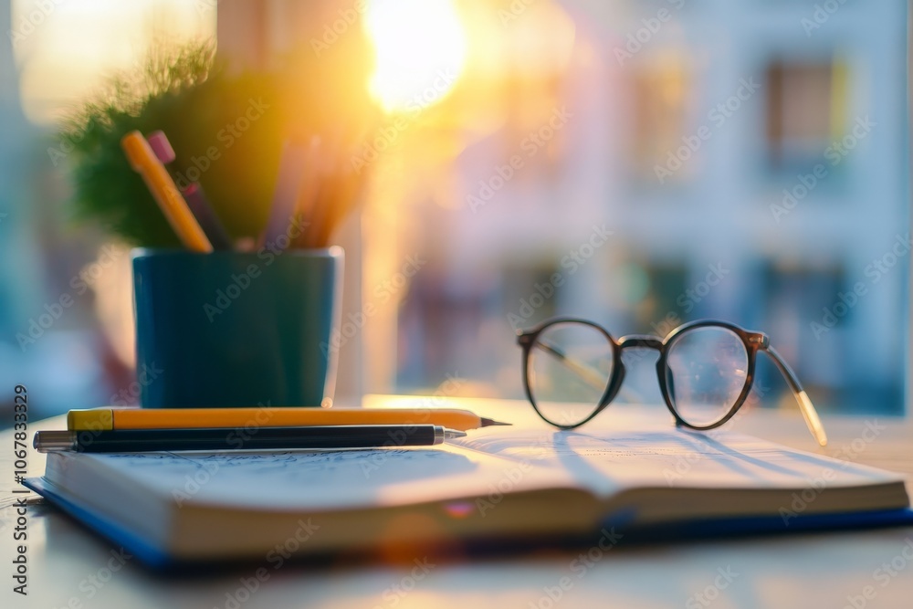 Poster A warm and inviting workspace featuring a notebook, pen, and glasses basking in the soft glow of sunset, creating a serene atmosphere for creativity and focus.