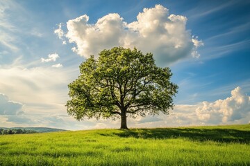 Obraz premium A majestic tree stands lone in a lush, green field under clear blue skies with fluffy clouds, evoking themes of strength, growth, and natural beauty against simplicity.