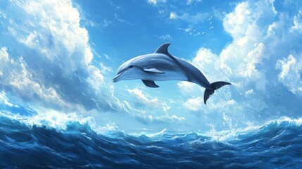 Fototapeta premium Playful dolphin leaping through ocean waves under a cloudy sky