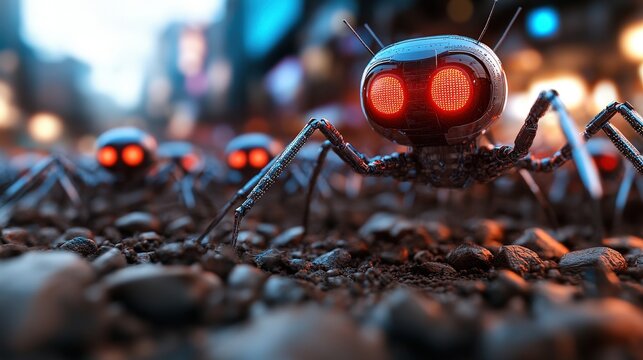 A fascinating image depicting robotic ants with bright, glowing red eyes, traversing a gritty urban pavement, showcasing technology merged with nature.