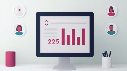 The image features a computer displaying a graph on a clean desk with user icons on the wall, highlighting data analysis trends and metrics.
