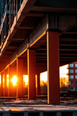 Sunset view through structural pillars of a modern building.