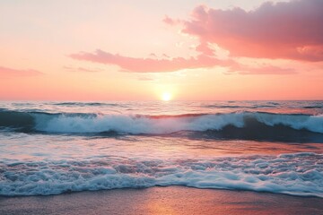 Obraz premium A serene beach scene with gentle waves lapping the shore under a breathtaking sunset sky, capturing the beauty and tranquility of nature at day's end.