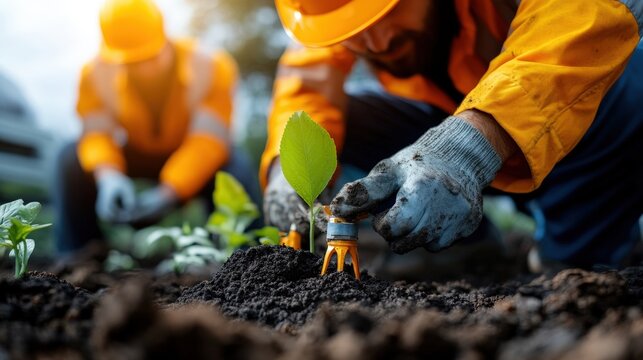 Workers in construction attire are seen planting greenery as part of an eco-friendly initiative, promoting environmental awareness and sustainable community practices.