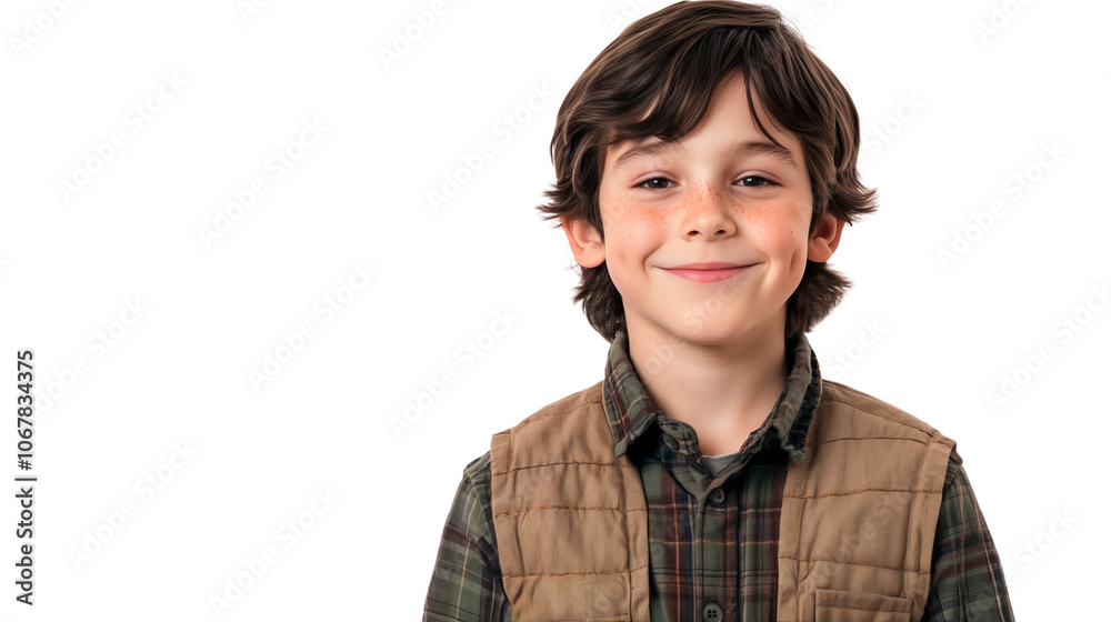 Poster portrait of a smiling boy with a handsome face, isolated on transparent background