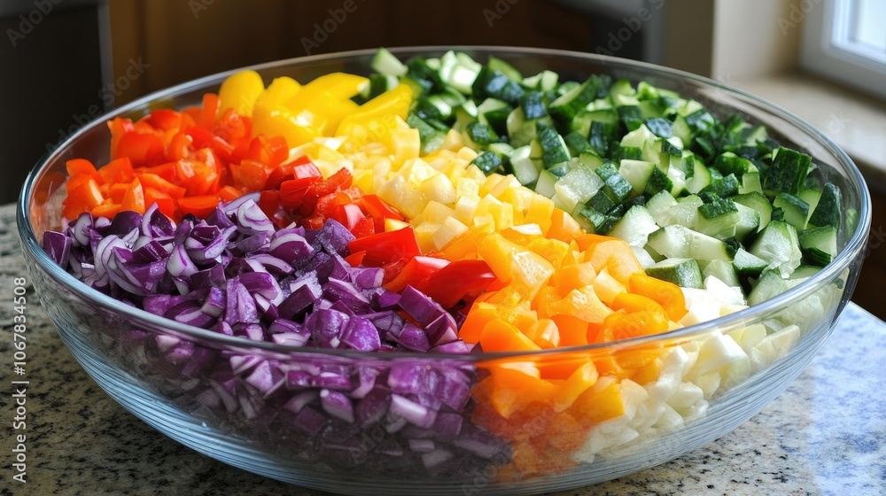 Poster a colorful array of vegetables in a glass bowl, showcasing a nutritious rainbow salad that appeals t