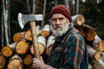 A seasoned lumberjack with a hint of weariness stands holding an axe among neatly stacked logs, symbolizing hard work and dedication in forestry.