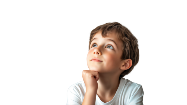 Curious young boy, thinking and looking up with hand on chin, isolated on transparent background