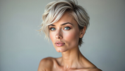 Fototapeta premium A striking portrait of a woman with a chic short hairstyle, exuding confidence and sophistication. Ideal for fashion, beauty, and lifestyle concepts.