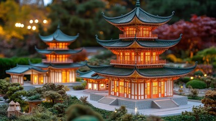 Obraz premium A miniature Chinese pagoda model with lights illuminating the windows, surrounded by miniature trees and a small garden.