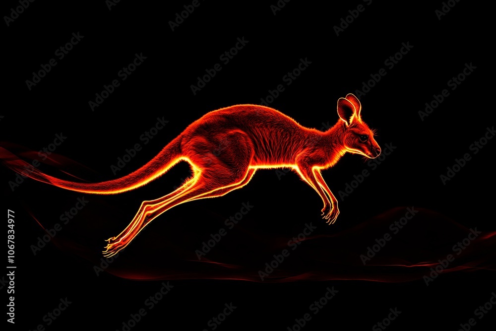 Poster a glowing neon kangaroo captured mid-stride, its light trails artistically emphasizing motion and vi