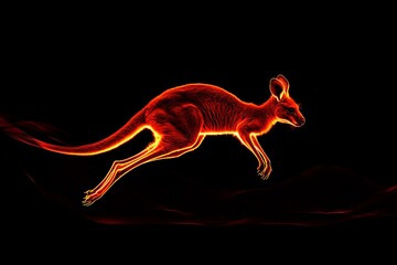 A glowing neon kangaroo captured mid-stride, its light trails artistically emphasizing motion and vibrancy, against a stark black background setting an ethereal scene.