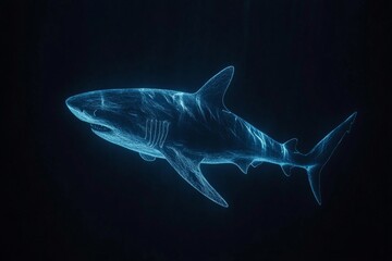 Obraz premium A modern digital-style silhouette of a shark illuminated with a cool blue light, capturing its sleek and swift form as it swims through the dark underwater setting.