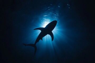 A powerful silhouette of a shark ascends towards a radiant aquatic surface, evoking raw nature's beauty and mystery, captured in an evocative, minimalist style.