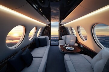beautiful scene of  luxury interior air plane flying with sunset view background 