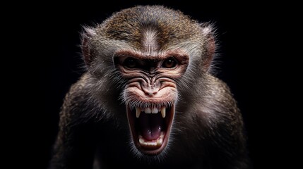 A monkey with a fierce expression, baring its teeth and roaring. The animal is in focus against a black background.