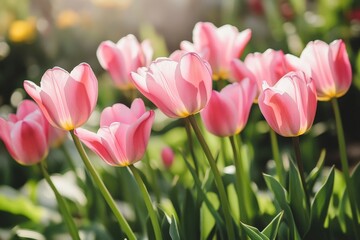 A cluster of soft pink tulips opens up to the warm morning sunlight, embodying the graceful elegance and vibrant beauty of springtime floral displays.