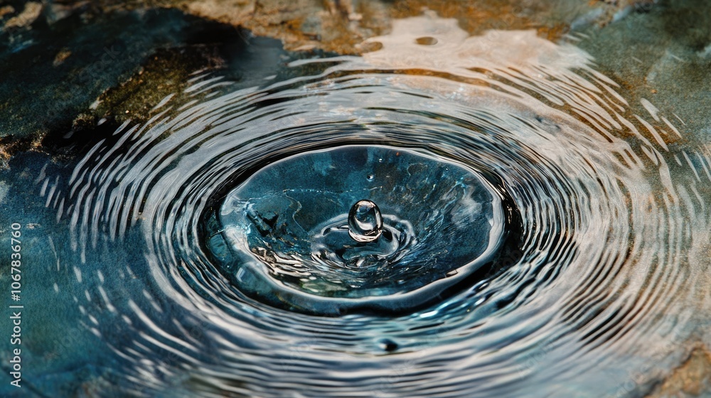 Poster a tranquil scene of a water drop disturbing a calm surface, illustrating the art of nature in circul