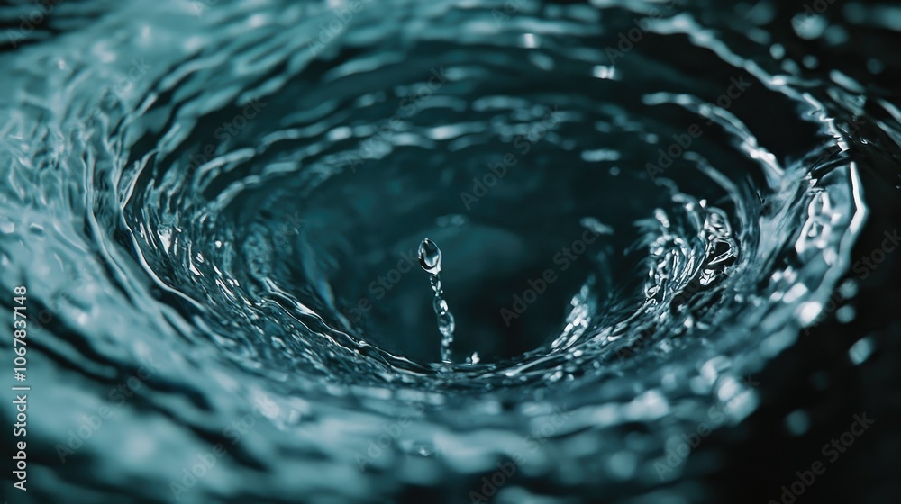 Poster a vivid close-up of a water droplet creating expansive circular waves, perfect for showcasing the el