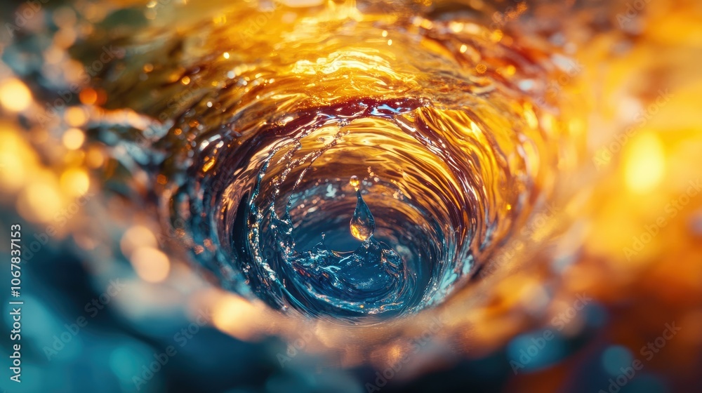 Poster a vivid close-up of a water droplet creating expansive circular waves, perfect for showcasing the el