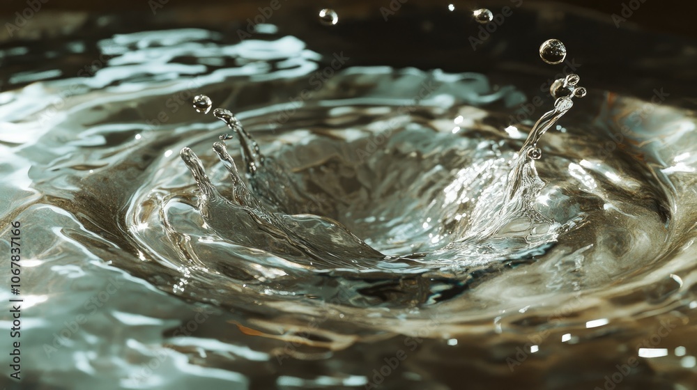 Poster a vivid close-up of a water droplet creating expansive circular waves, perfect for showcasing the el