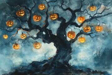 The ghostly branches of a mysterious tree hold glowing jack-o'-lanterns, creating an air of mystery and mystical charm against a stormy Halloween night sky.