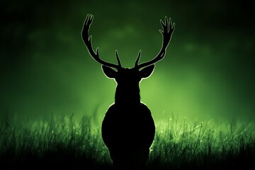 A striking deer silhouette with impressive antlers set against a luminescent green background, creating a mysterious and captivating visual effect.