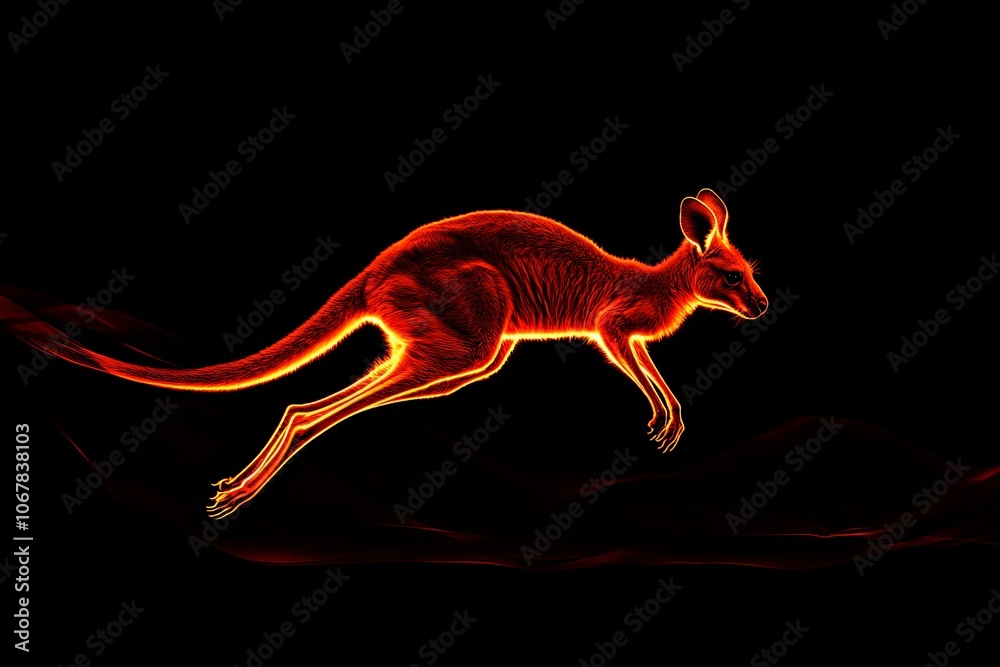 Poster a glowing neon kangaroo captured mid-stride, its light trails artistically emphasizing motion and vi