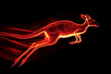 A striking image of a neon-enhanced kangaroo gracefully sprinting across a black backdrop, exhibiting explosive energy and artistic expression through vivid light trails.