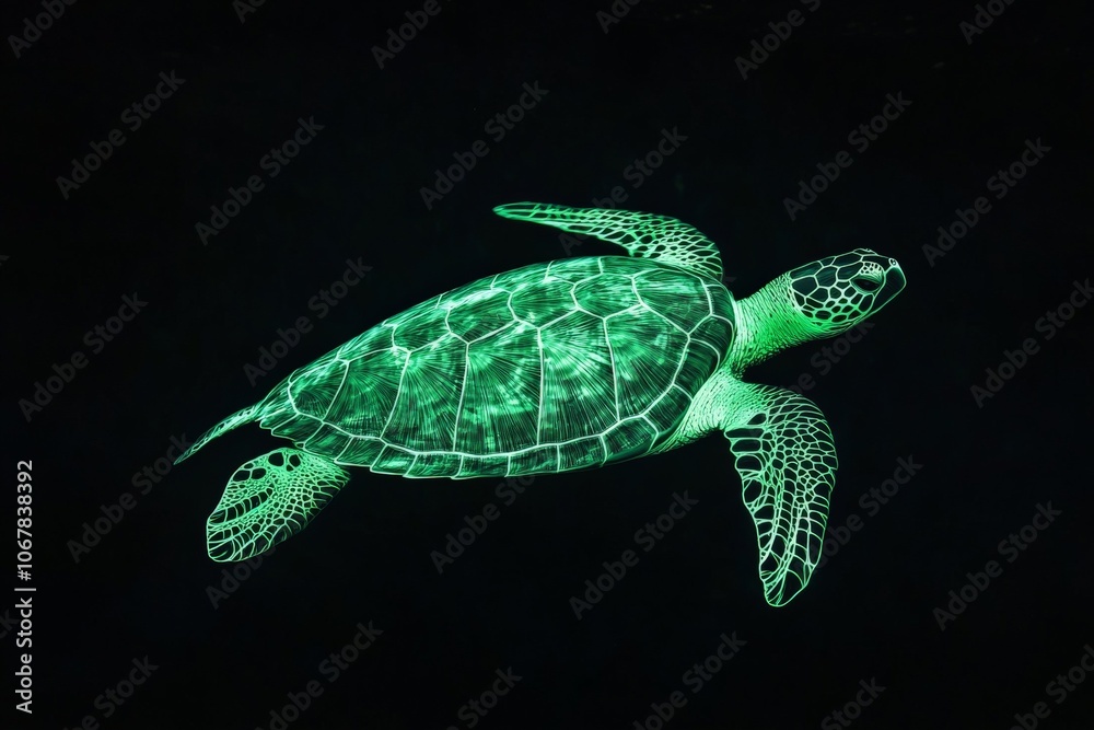 Poster A luminous green turtle elegantly swims through deep dark waters, its shell glowing majestically, creating an enchanting underwater spectacle of tranquility.