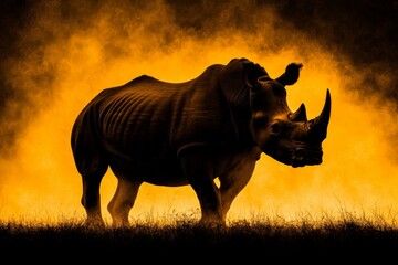Obraz premium A striking silhouette of a rhinoceros, illuminated by intense fiery light, capturing its majestic form in a dramatic and powerful depiction against the darkness.