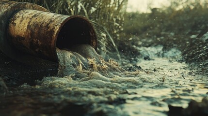 Broken pipe releasing dirty water, captured mid-flow, muddy surroundings, concept of water contamination