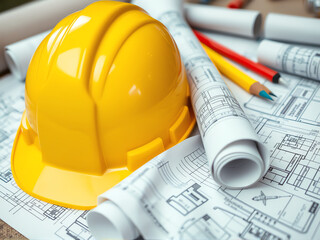 Construction helmet on architectural blueprints with rolled plans and colored pencils on a workspace table