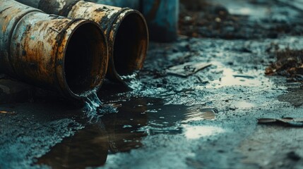 Close-up of sewage pipes with dirty water seeping, urban setting with concrete and wet ground