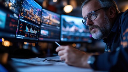 An attentive individual at a desk studies financial data displayed on screens, embodying concentration, expertise, and the intricacies of global trading.