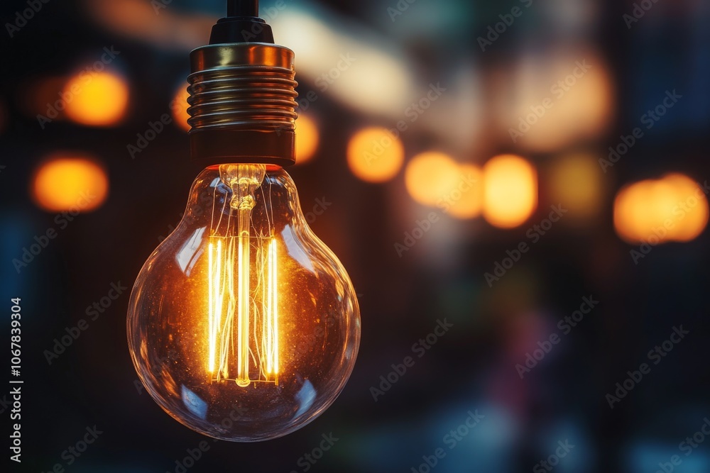 Poster a close-up of a glowing light bulb with a beautifully blurred background, symbolizing creativity and