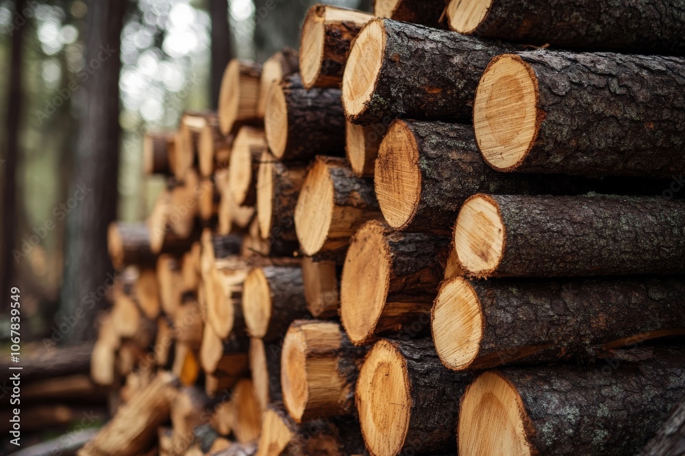 Poster Neatly stacked logs of timber lie waiting in a forest, highlighting the raw materials and resources of the natural environment, ready for processing and use.