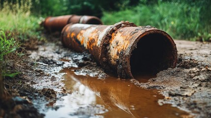 Damaged pipe emitting brown water into ground, close-up of rust and cracks, pollution and decay theme