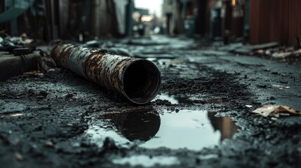 Damaged sewage pipe in urban street, sewage puddles around, symbolizing urban pollution and decay