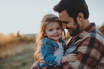 A tender moment captured as a father warmly embraces his young daughter, reflecting love and closeness, set against the golden hues of a twilight sky.