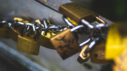 Padlocks close up brass love symbol many